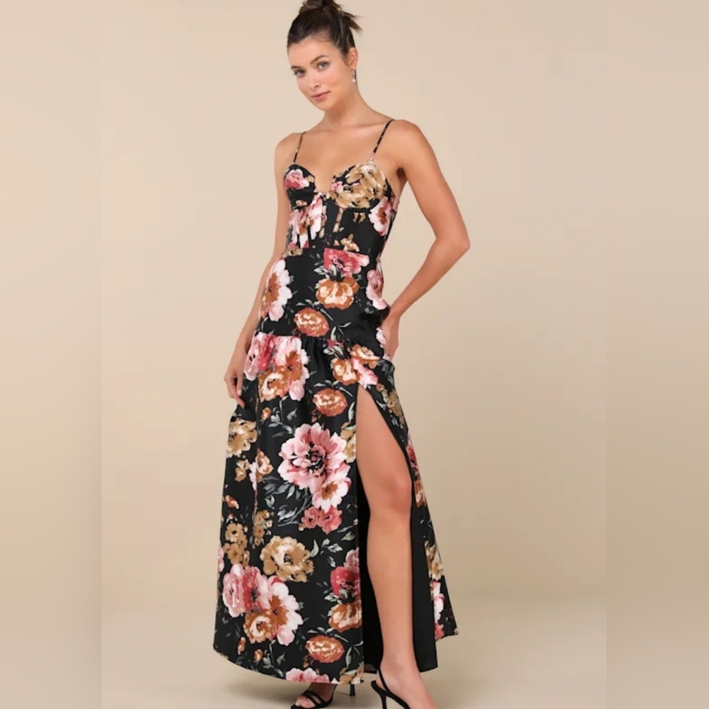 Confident Delight Black Floral Tiered Bustier Maxi Dress